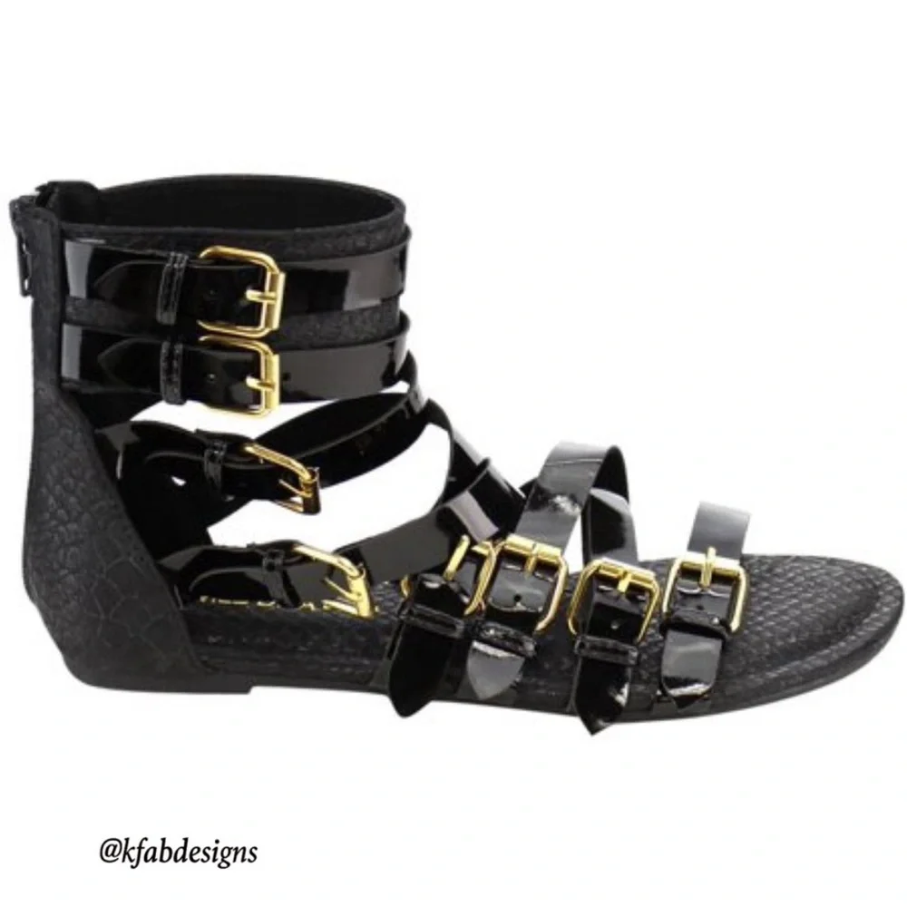 LAST 2! Strappy Black Zipper Textured Gladiator FlatSandal-Gold Tone Buckles - Picture 3 of 8